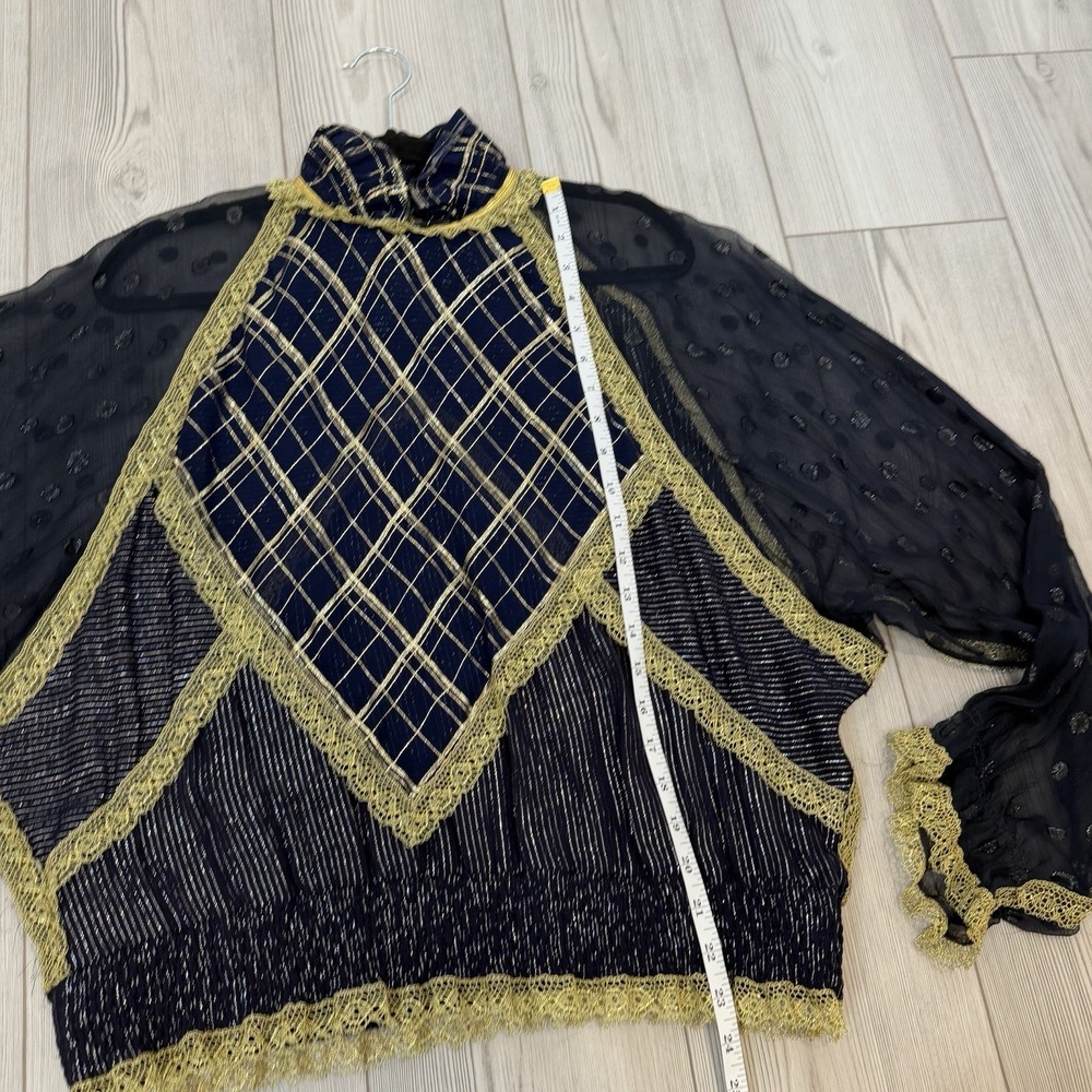 Koos Van Den Akker Couture 1980s Silk Blouse Shirt Sheer Pattern Navy Gold - Picture 7 of 14